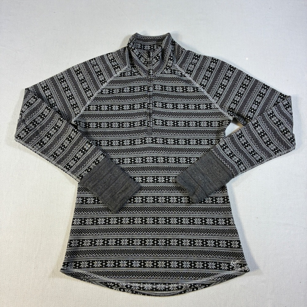 KAVU Womens Small 1/4 Zip Pullover Fair‎ Isle Snowflake Black White Red Hand S